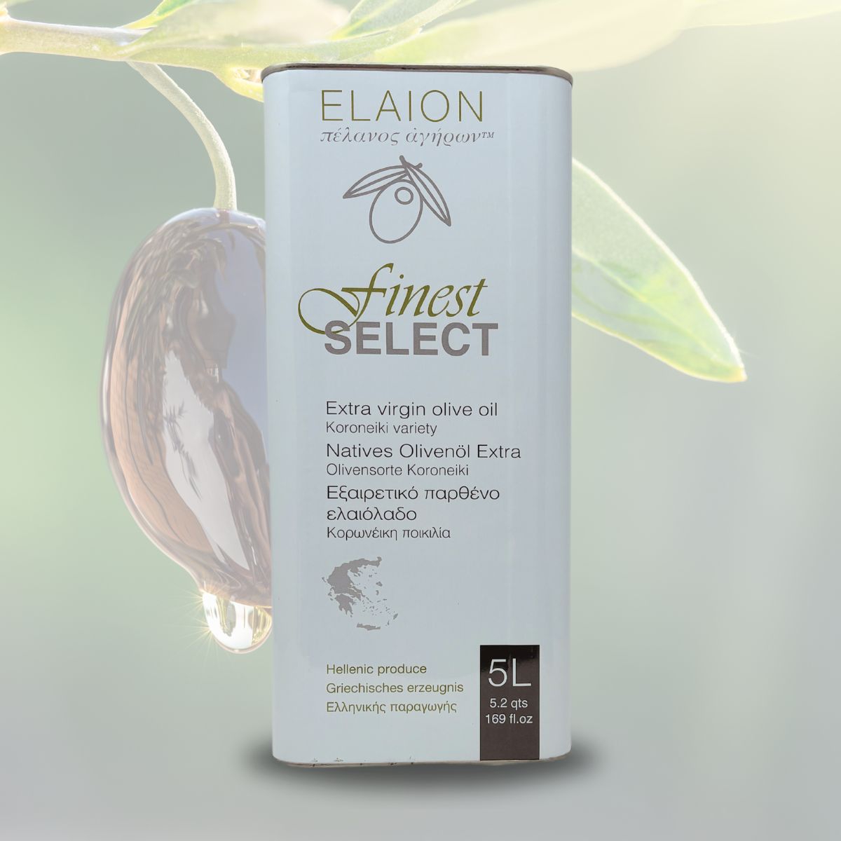 Elaion Finest Select 5l Kanister vor Nahaufnahme einer Olivenfrucht am Zweig