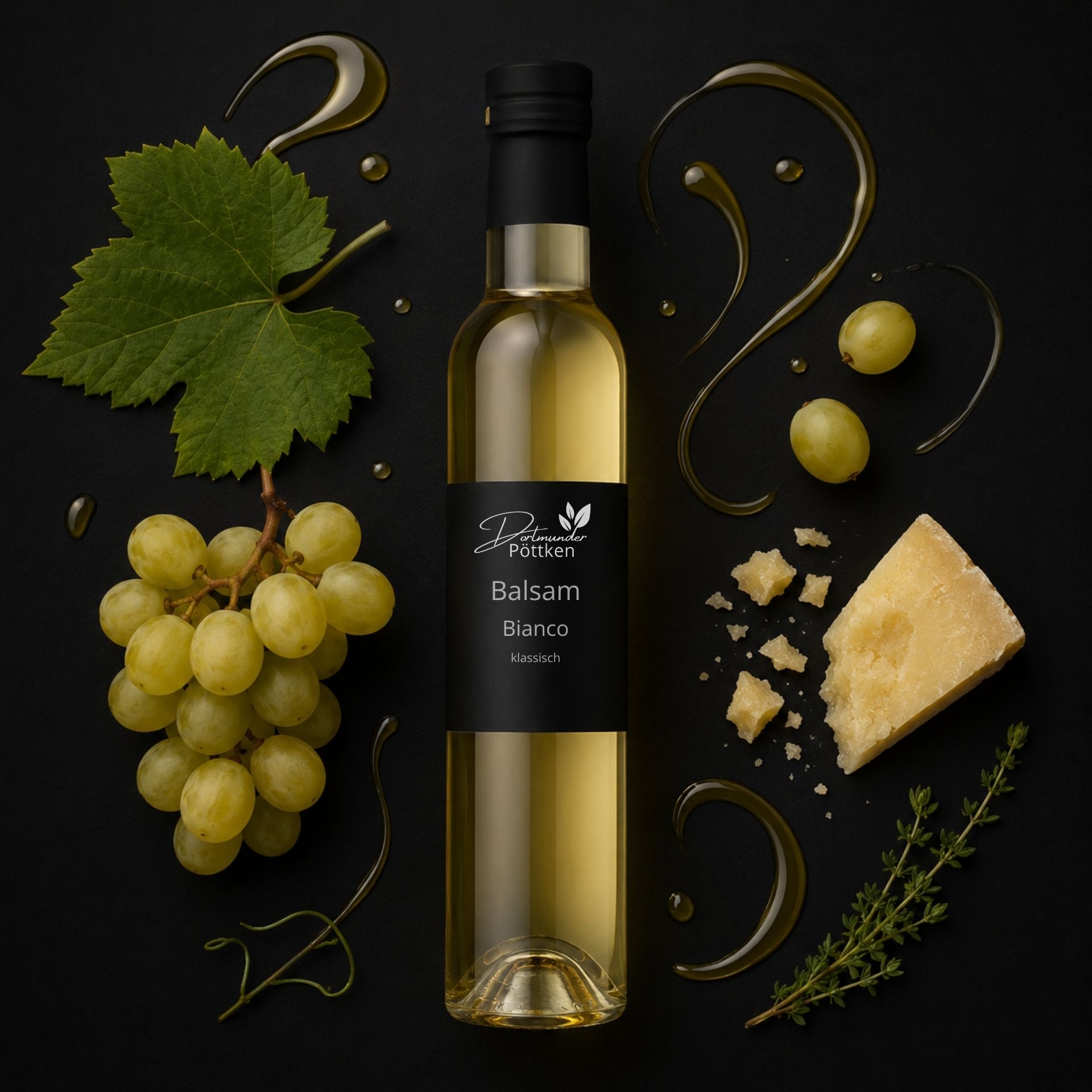 Balsam Bianco 250ml mit weissen Trauben_ Parmesan und Kraeutern auf dunklem Hintergrund