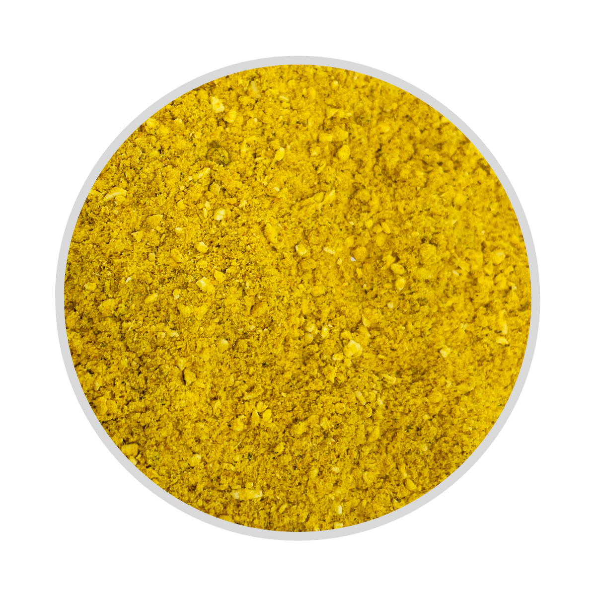 Gelbes Currypulver in Nahaufnahme im runden Sichtfenster