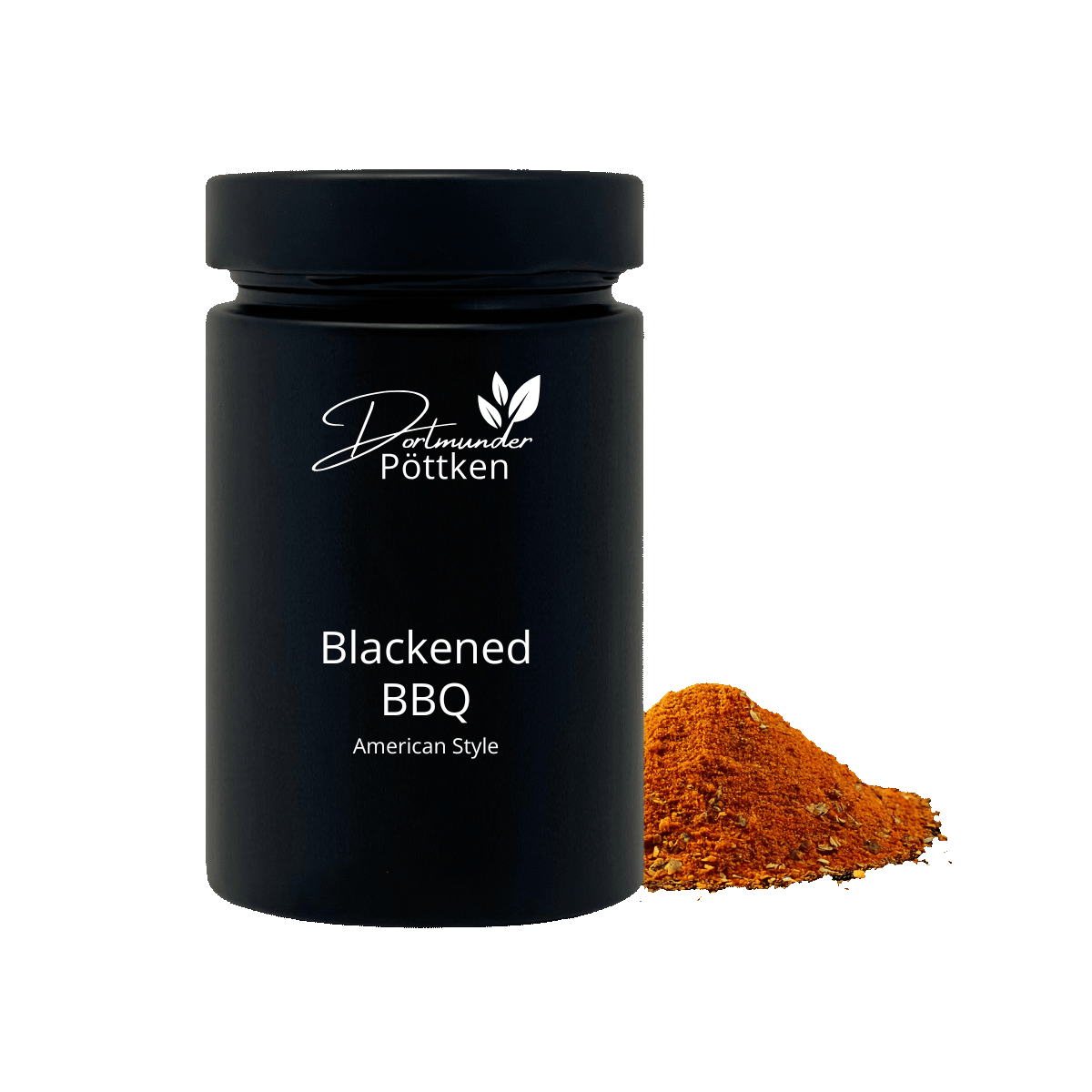 Schwarzes Gewuerzglas Blackened BBQ mit rotem BBQ-Gewuerz daneben
