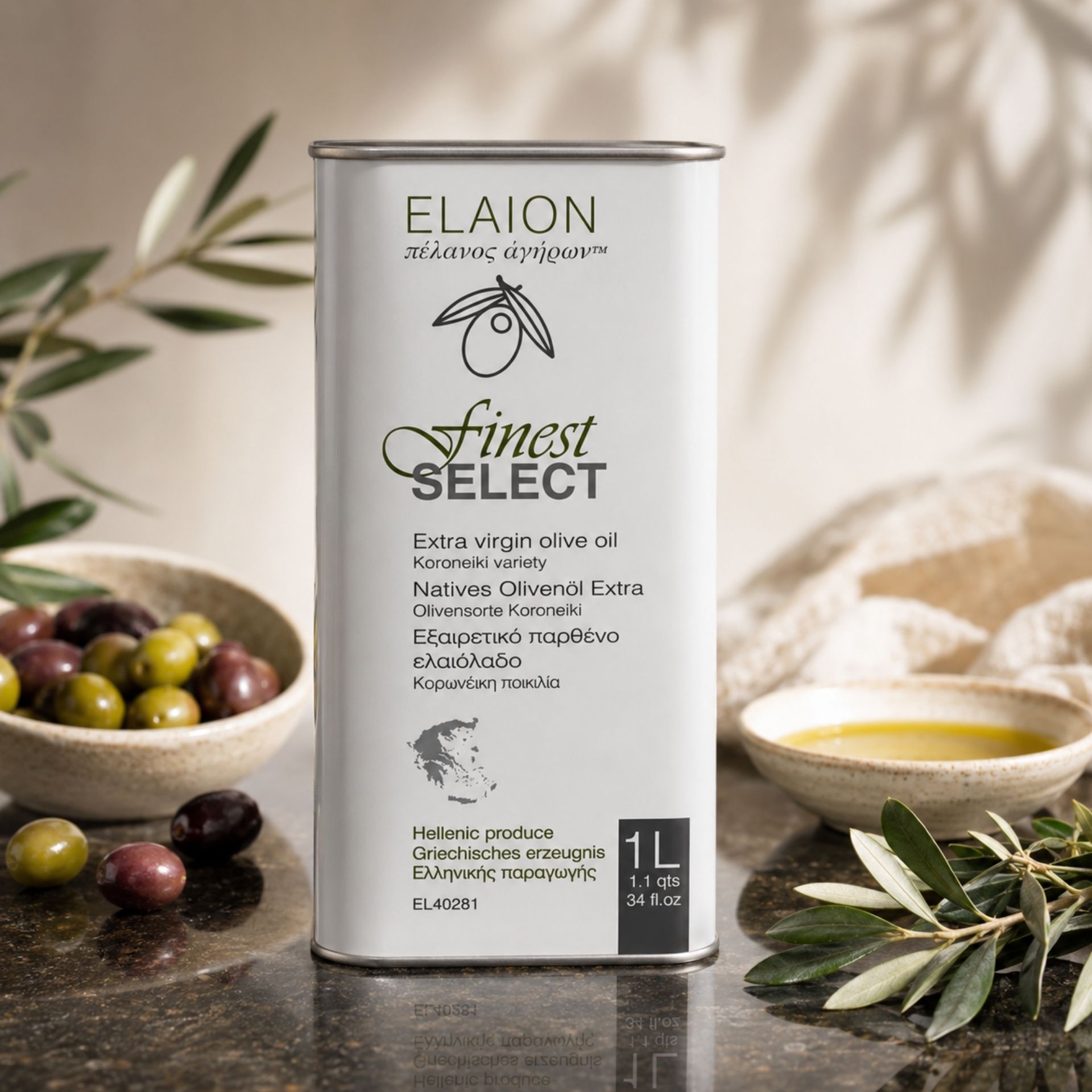 Elaion Finest Select natives Olivenoel Extra 1 Liter im hochwertigen mediterranen Stilllife