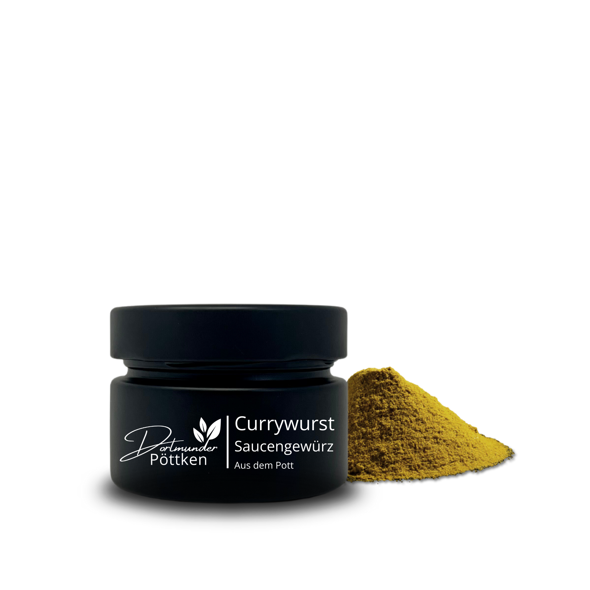 Schwarzes Gewuerzglas mit Aufschrift Currywurst Saucengewuerz aus dem Pott