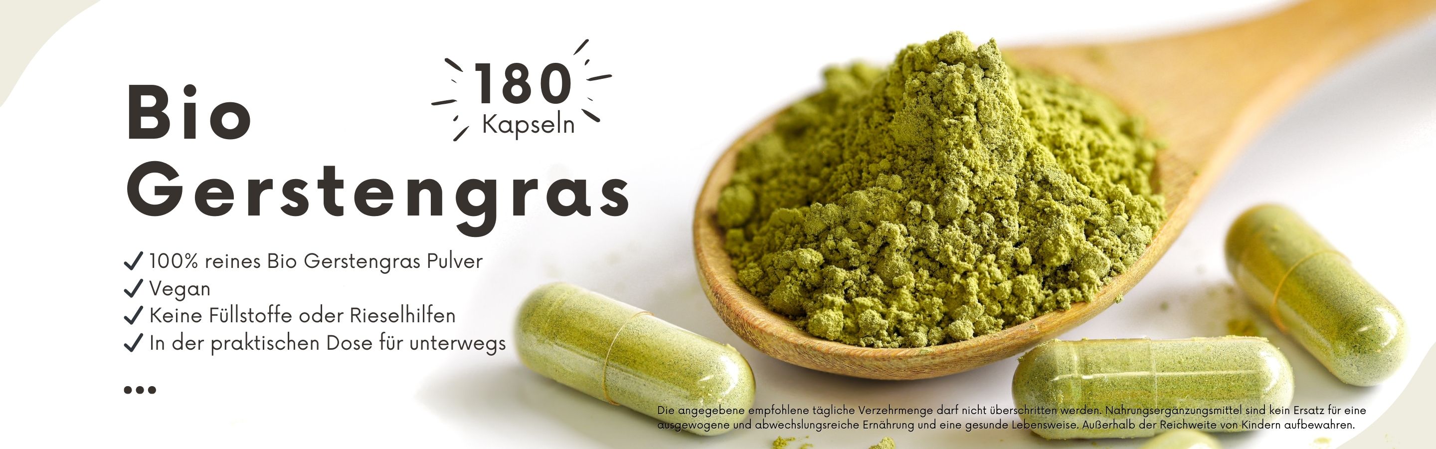 Bio Gerstengras Pulver in Holzlöffel und zwei Kapseln, 180 vegane Kapseln, vegan, ohne Füllstoffe oder Rieselhilfen, praktische Dose für unterwegs