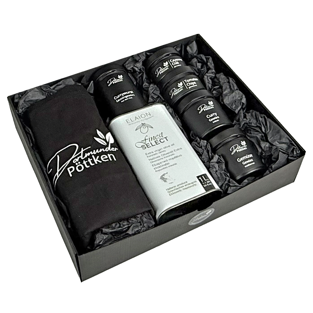 Geschenkbox mit Dortmunder Poettken Schuerze_ Olivenoel und fuenf Gewuerzen in schwarzem Papier