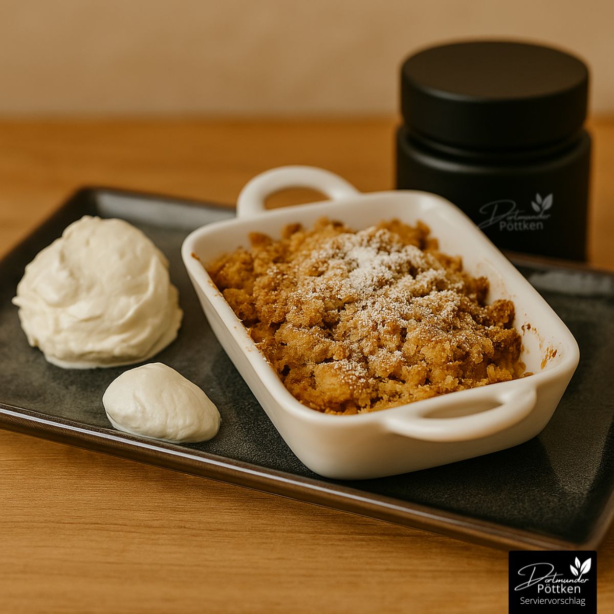 Apfel Crumble mit knusprigen Streuseln in kleiner Auflaufform, daneben Sahne, im Hintergrund schwarzes Gewürzglas.