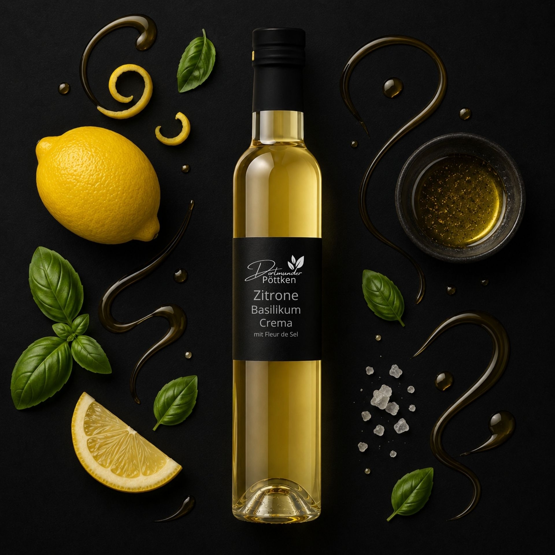 Zitrone-Basilikum Crema 250 ml mit Zitronen_ Basilikumblaettern und Fleur de Sel auf dunklem Hintergrund
