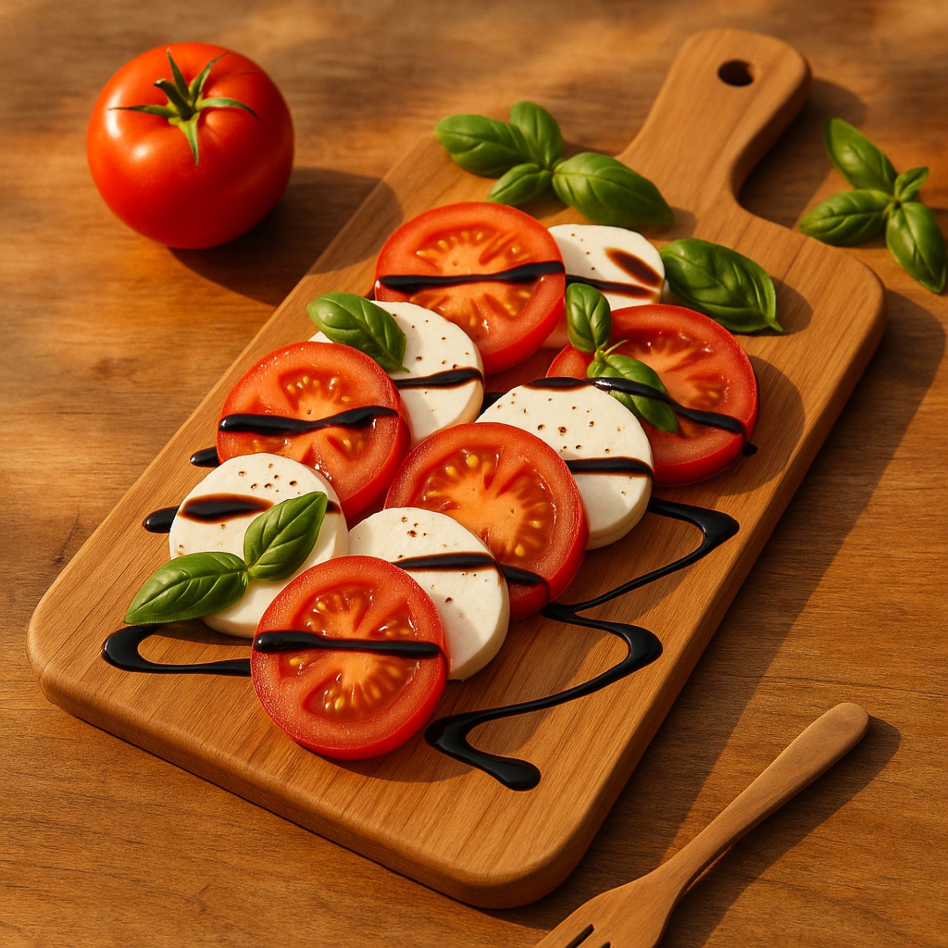 Caprese-Salat mit Tomaten_ Mozzarella_ Basilikum und Balsamico Crema klassisch kunstvoll angerichtet auf Holzbrett