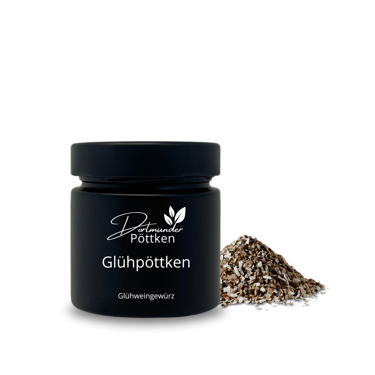 Gluehwein-Gewuerz Gluehpoettken im schwarzen Glas mit geoeffnetem Deckel und Gewuerzmischung daneben