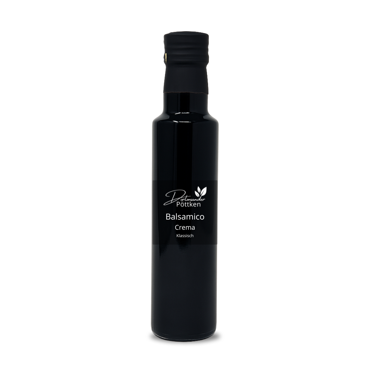 Schwarze Glasflasche Dortmunder Poettken Balsamico Crema mit weisser Beschriftung auf neutralem Hintergrund