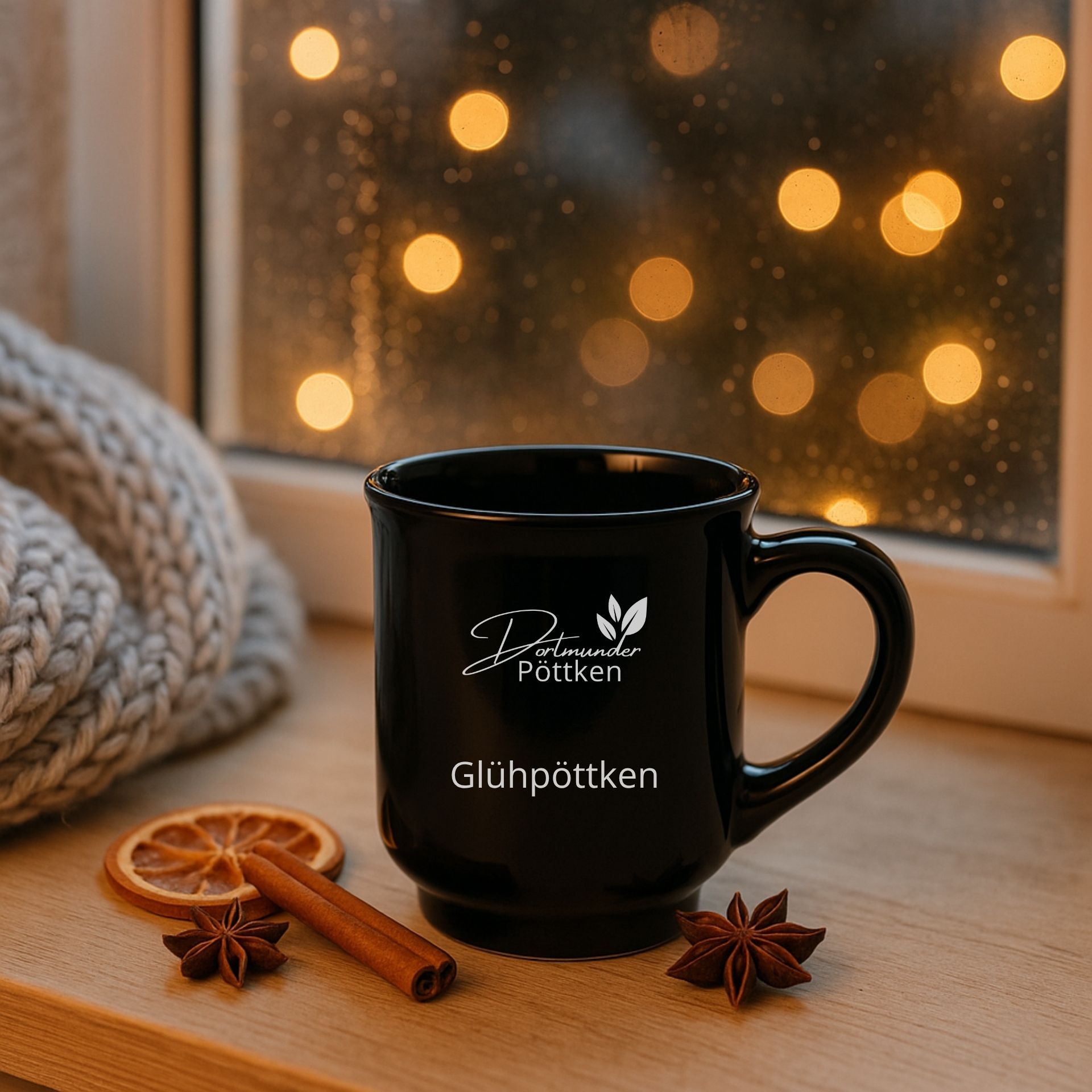 Gluehpoettken Becher auf Fensterbank mit Lichtern_ Zimtstange und Sternanis
