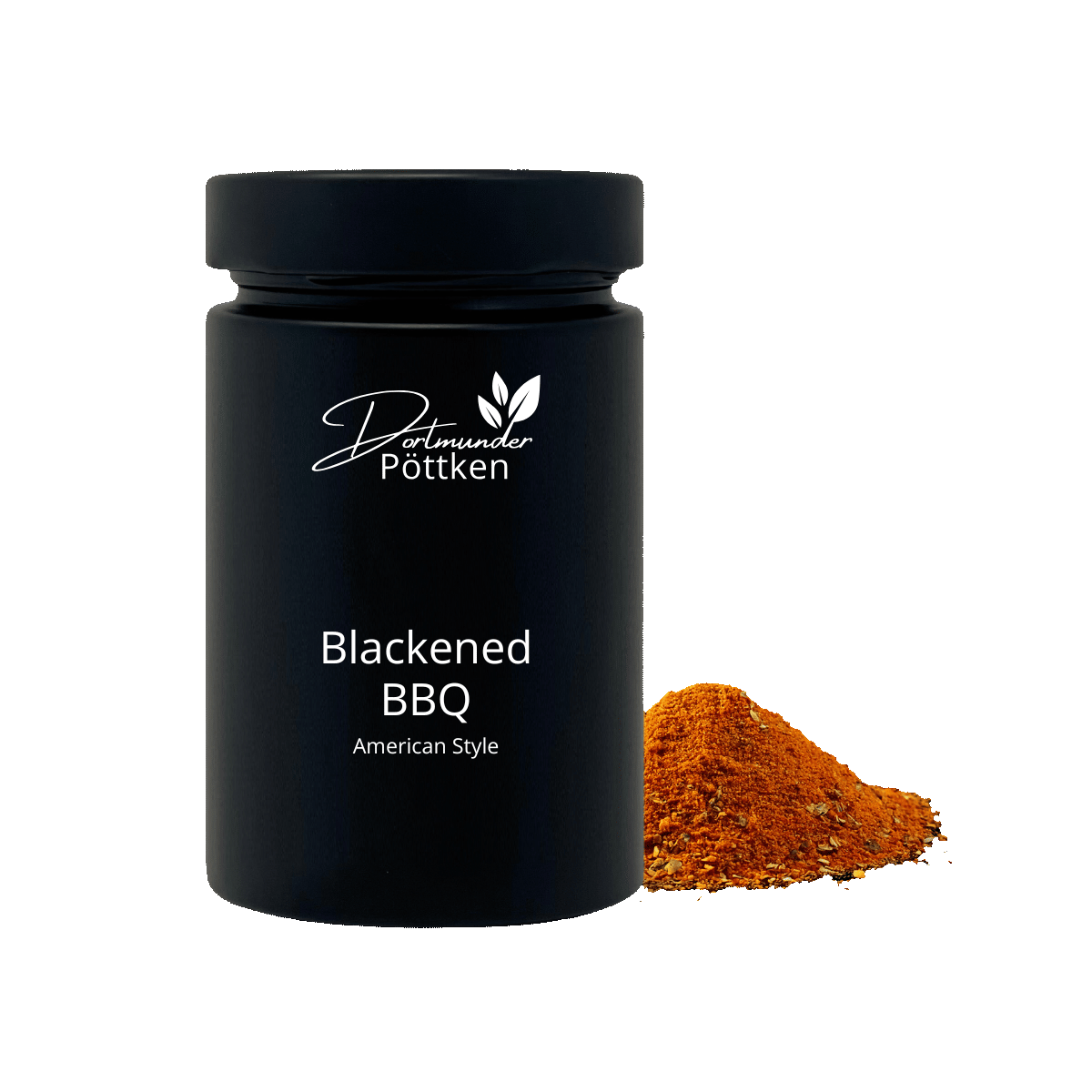 Schwarzes Gewuerzglas Blackened BBQ mit rotem BBQ-Gewuerz daneben