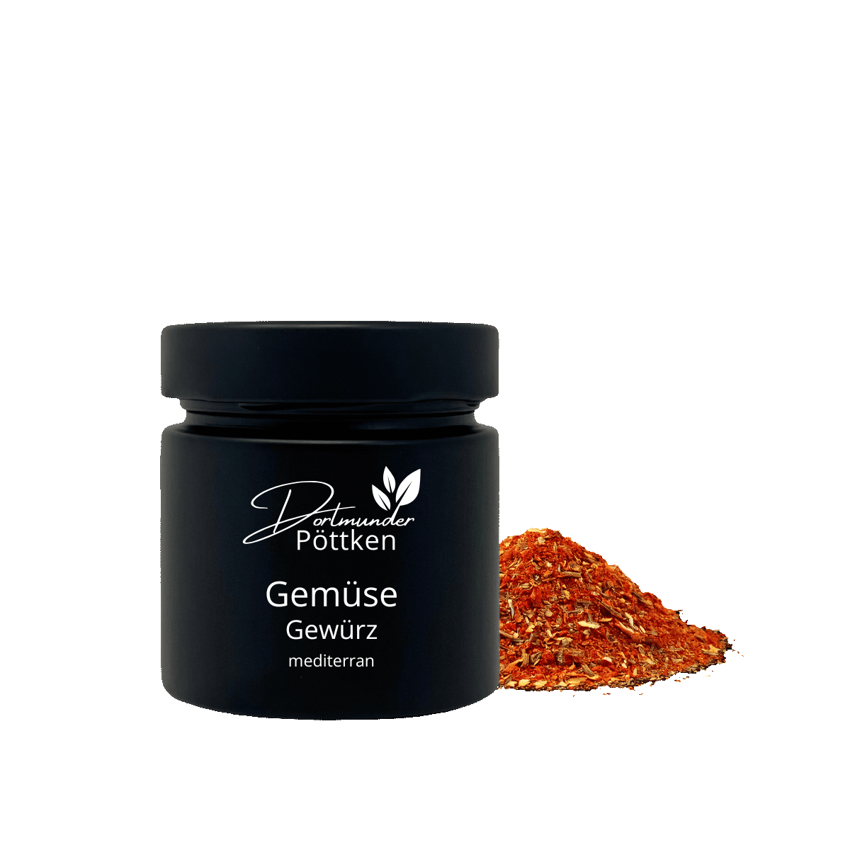 Schwarzes Gewuerzglas Gemuese Gewuerz mit rotem Gemuesemix daneben