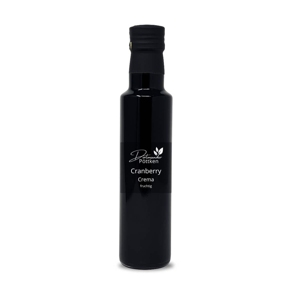 Schwarze Glasflasche Dortmunder Poettken Cranberry Crema mit weisser Beschriftung auf neutralem Hintergrund
