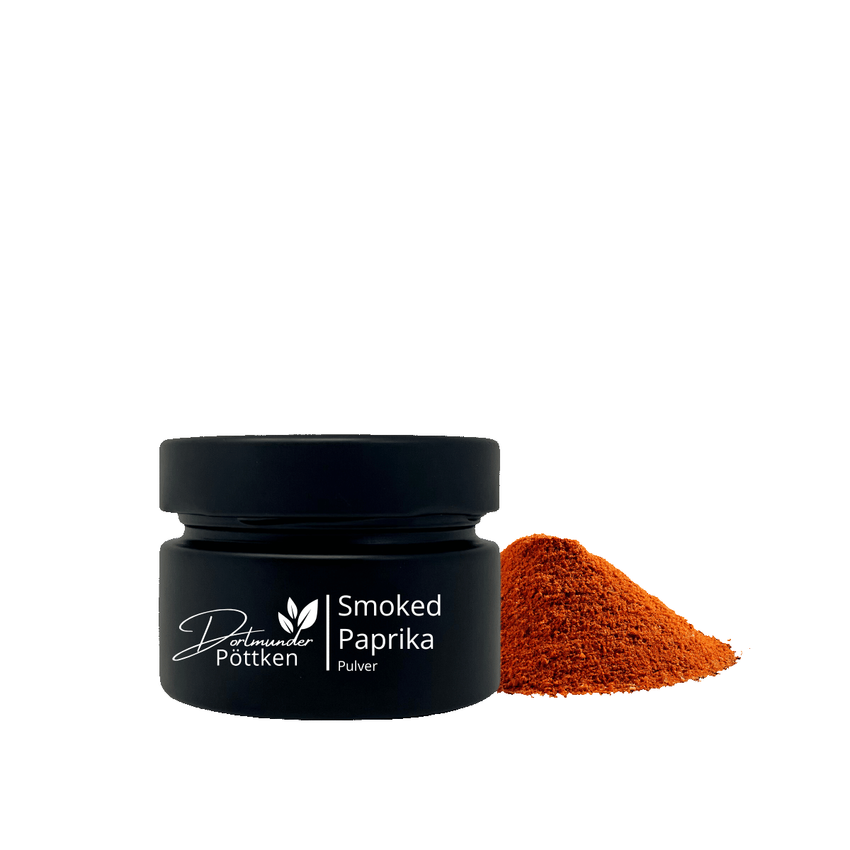 Schwarzes Gewuerzglas Smoked Paprika mit rotem Paprikapulver daneben