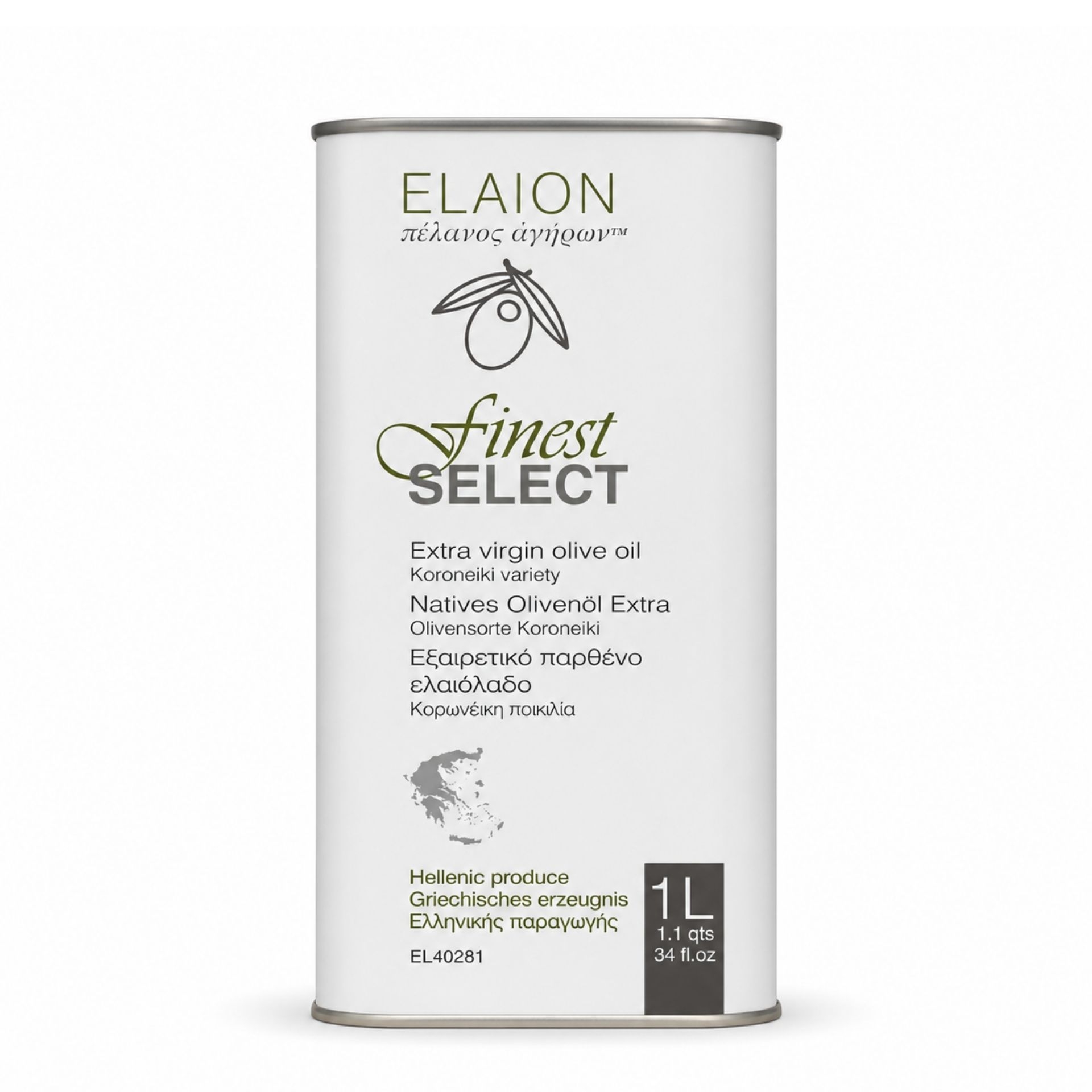 Elaion Finest Select natives Olivenoel Extra 1 Liter im Kanister freigestellt auf weissem Hintergrund
