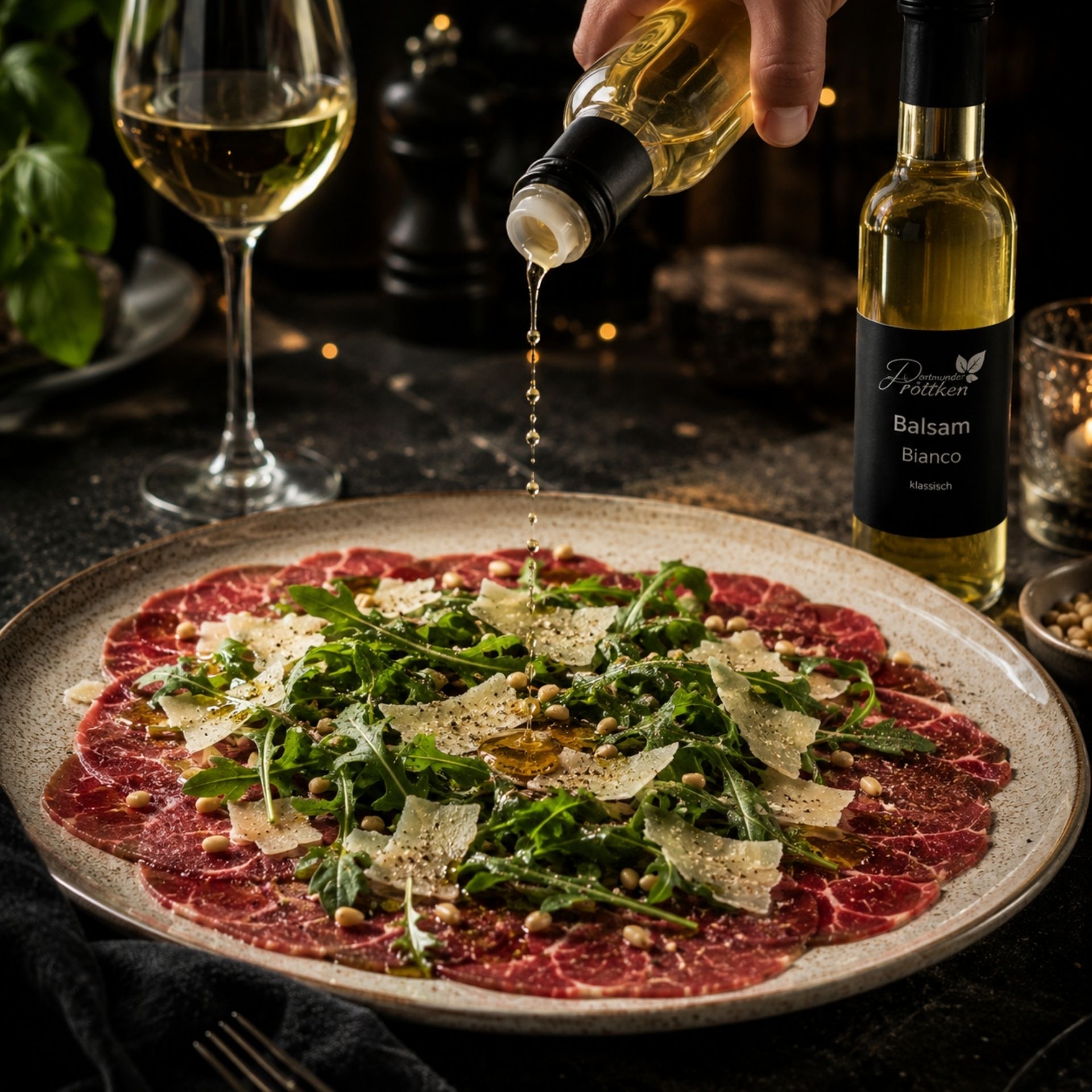 Balsam Bianco verfeinert Carpaccio mit Rucola_ Parmesan und Pinienkernen