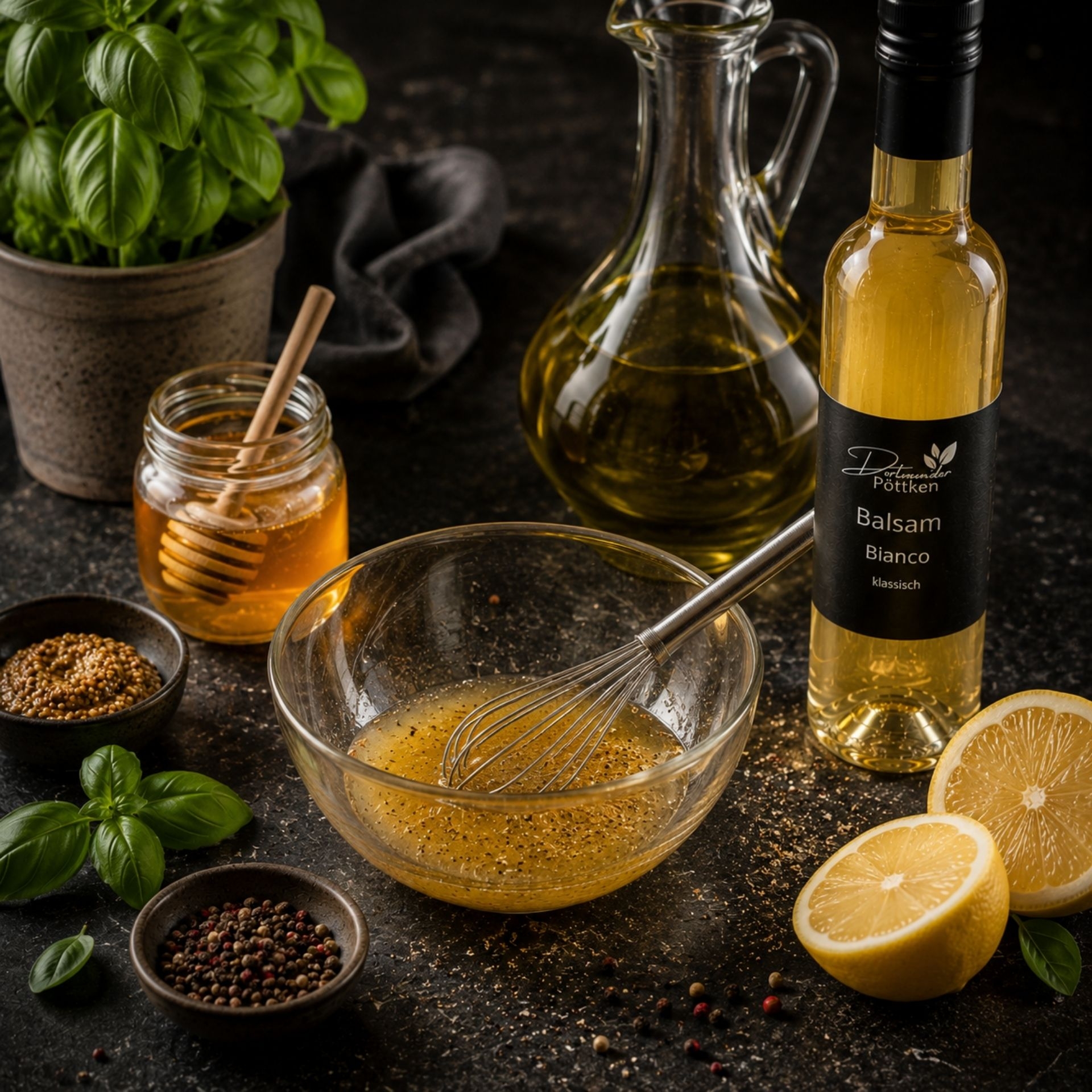 Balsam Bianco 250ml neben Zutaten fuer ein hausgemachtes Salatdressing