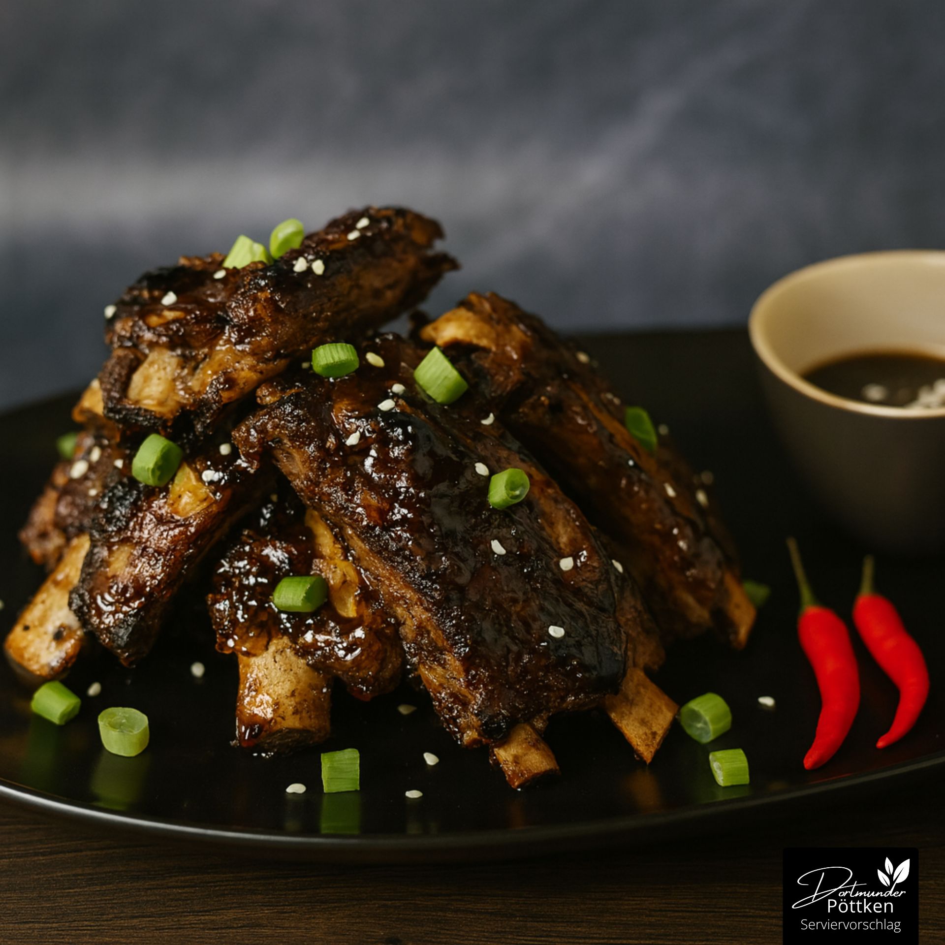Asiatische Spareribs mit Glasur, bestreut mit Frühlingszwiebeln, dazu rote Chilis und Dip-Sauce auf schwarzem Teller.