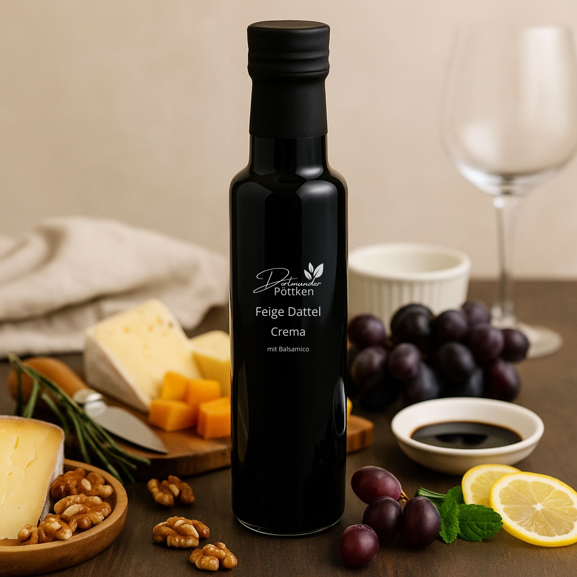 Schwarze Flasche Feige-Dattel Crema mit Balsamico_ umgeben von Kaese_ Trauben_ Walnuessen und Zitrone auf Holztisch