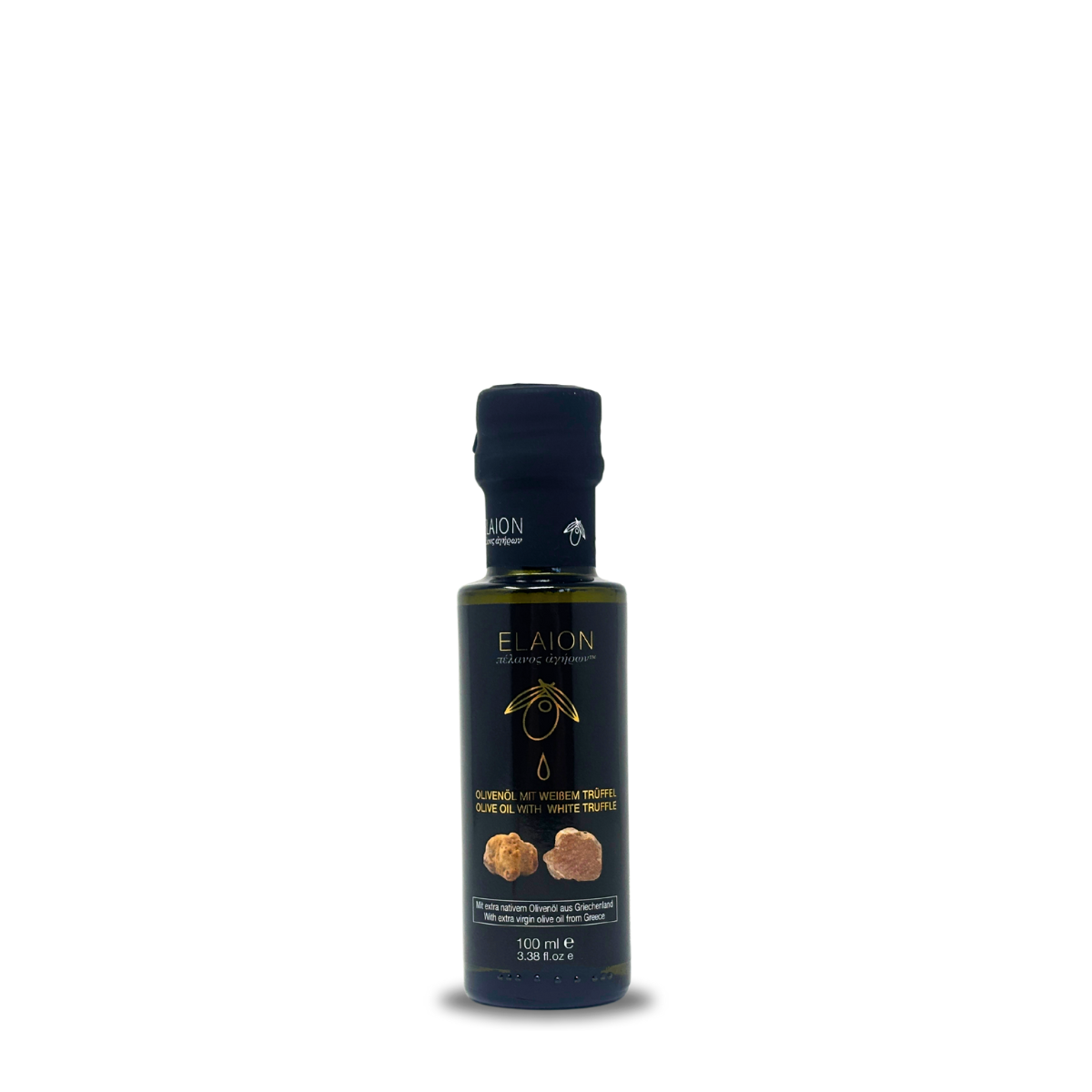 Griechisches Olivenoel Elaion 100 ml mit weissem Trueffel in kleiner dunkler Glasflasche und schwarzem Etikett