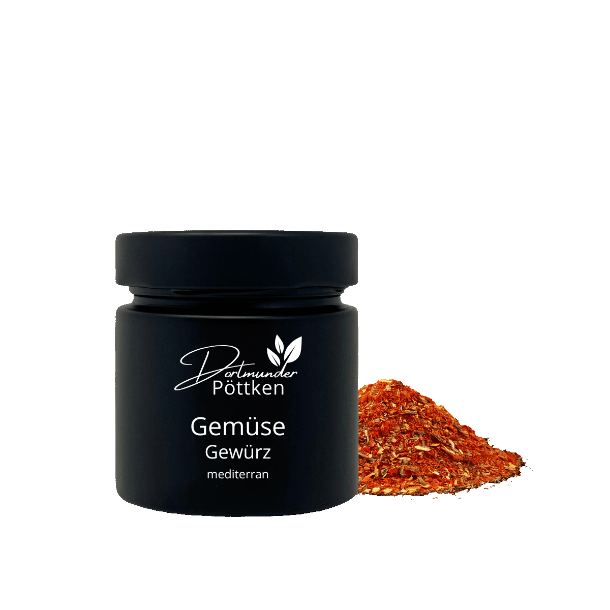 Schwarzes Gewuerzglas Gemuese Gewuerz mit rotem Gemuesemix daneben