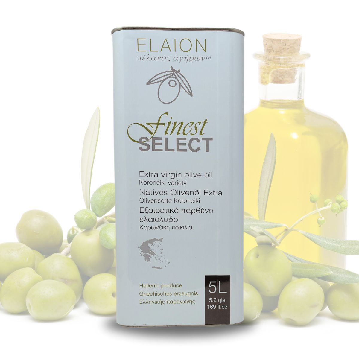 Elaion Finest Select 5l Kanister mit gruenen Oliven und Olivenoelflasche im Hintergrund