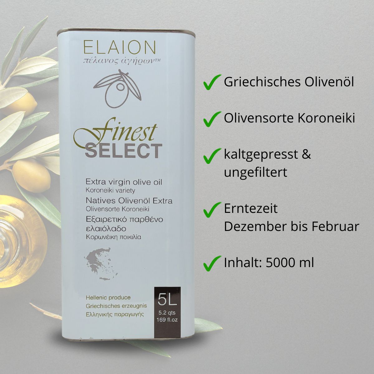 Elaion Finest Select 5l Kanister Olivenoel mit Produktinfos und Olivenzweigen im Hintergrund