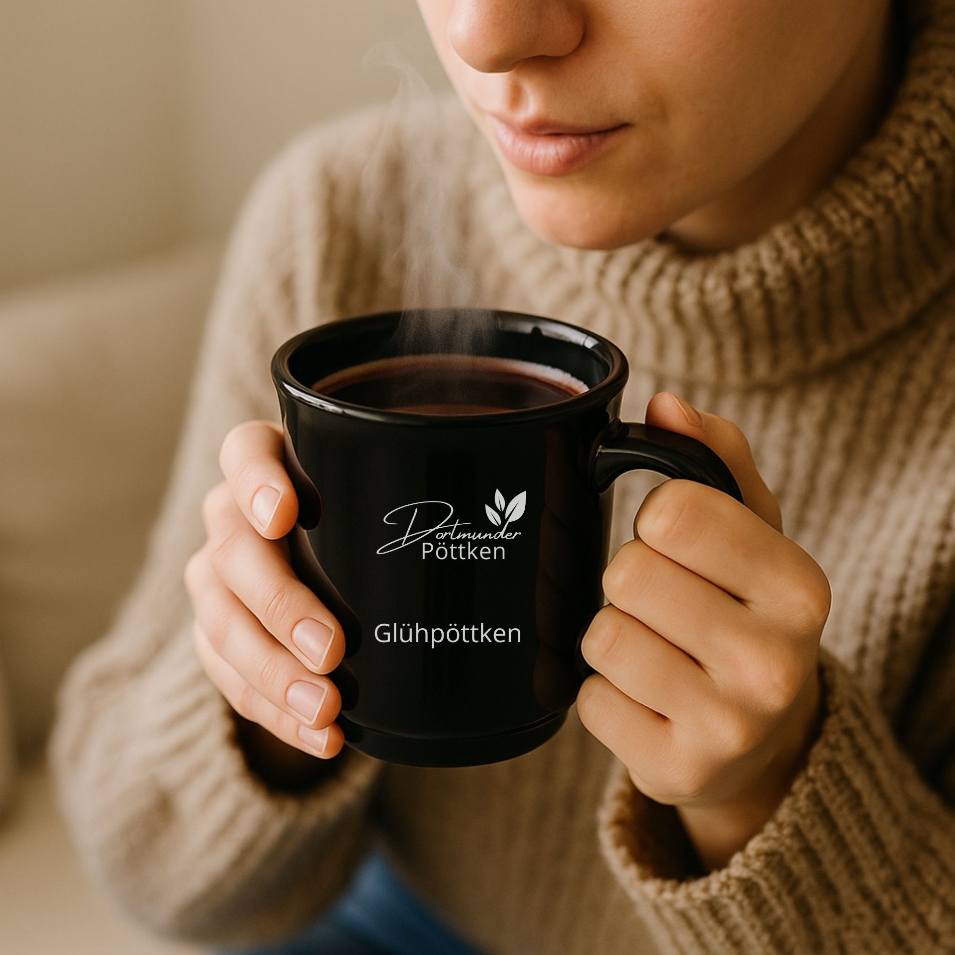 Person haelt dampfenden Gluehpoettken Becher in den Haenden und geniesst den Gluehwein