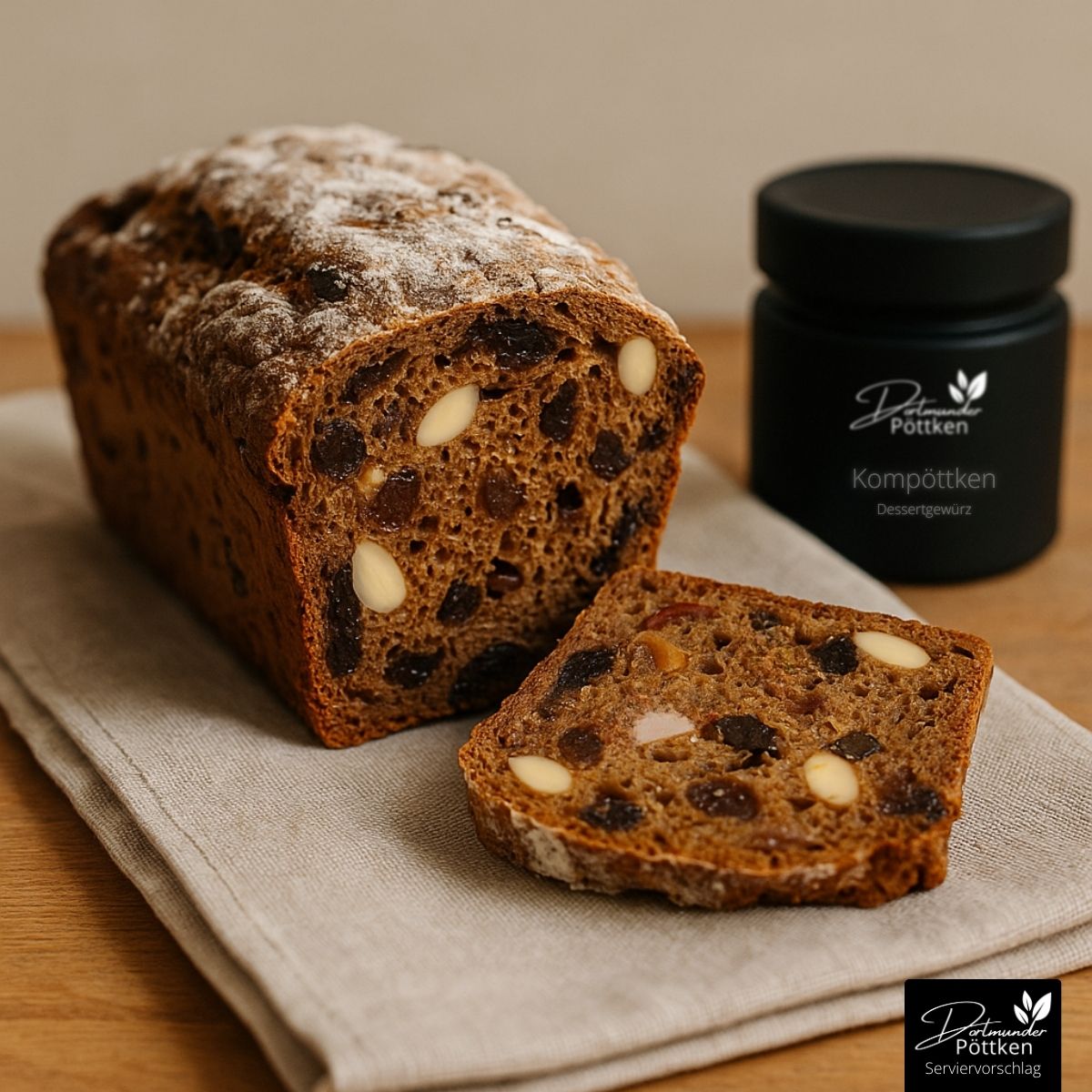 Hausgemachtes Apfelbrot mit Rosinen und Nüssen, aufgeschnitten auf einem Tuch, daneben ein Glas Kompöttken Dessertgewürz.