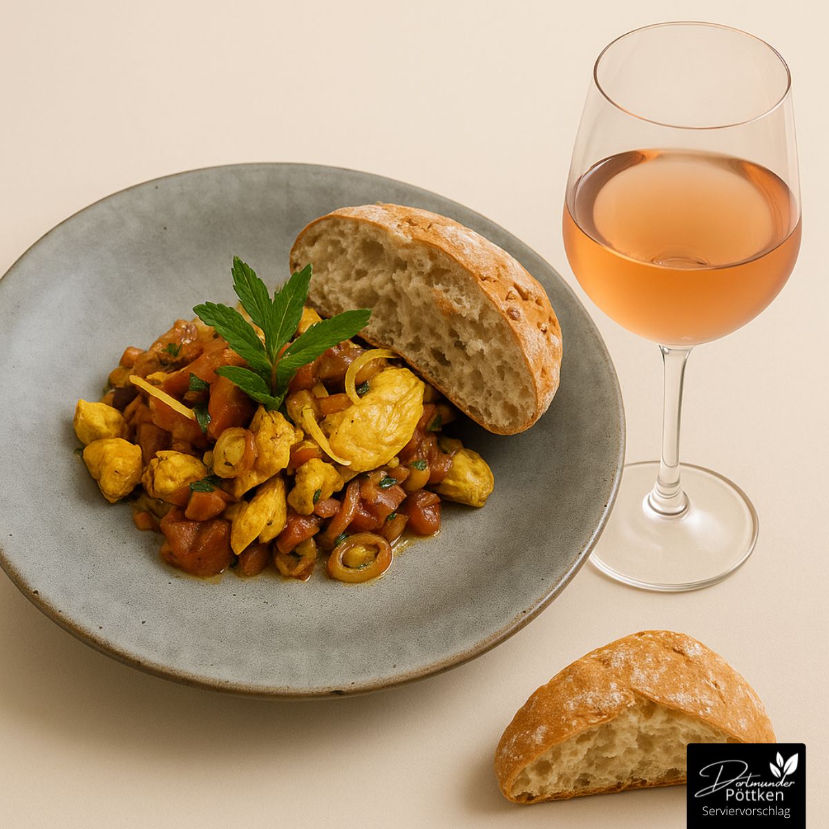 Teller mit marokkanischem Zitronen-Hähnchen, gewürzt mit Ras el Hanout, garniert mit frischer Minze, dazu ein Stück knuspriges Brot und ein Glas Roséwein.